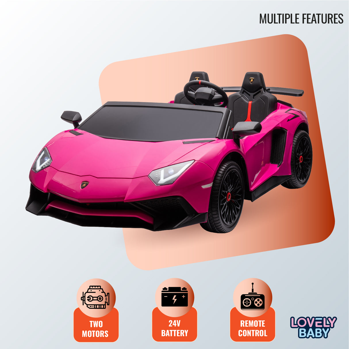 Pink toy car with features listed on a light gray background