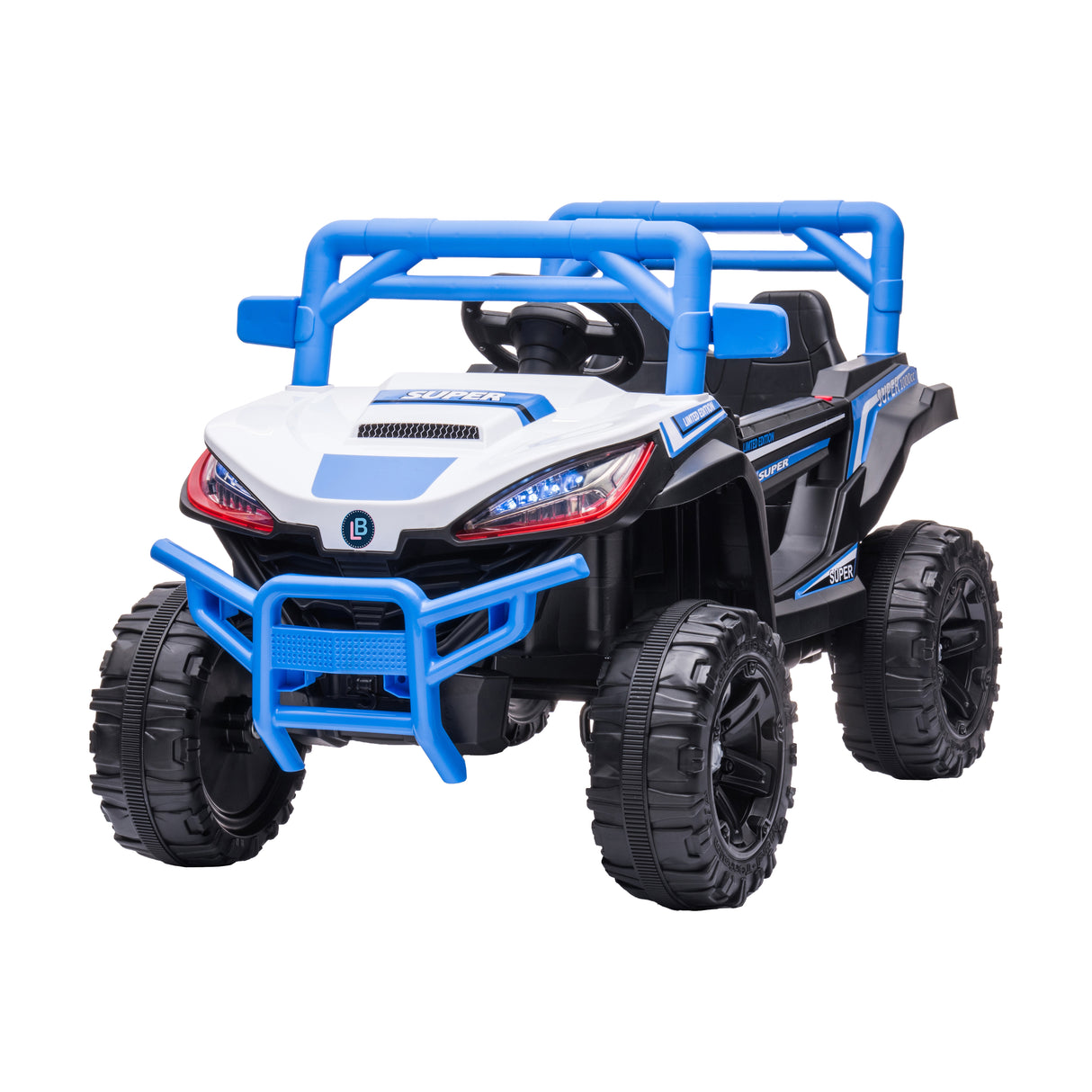 Toy off-road vehicle with blue and black details on a white background