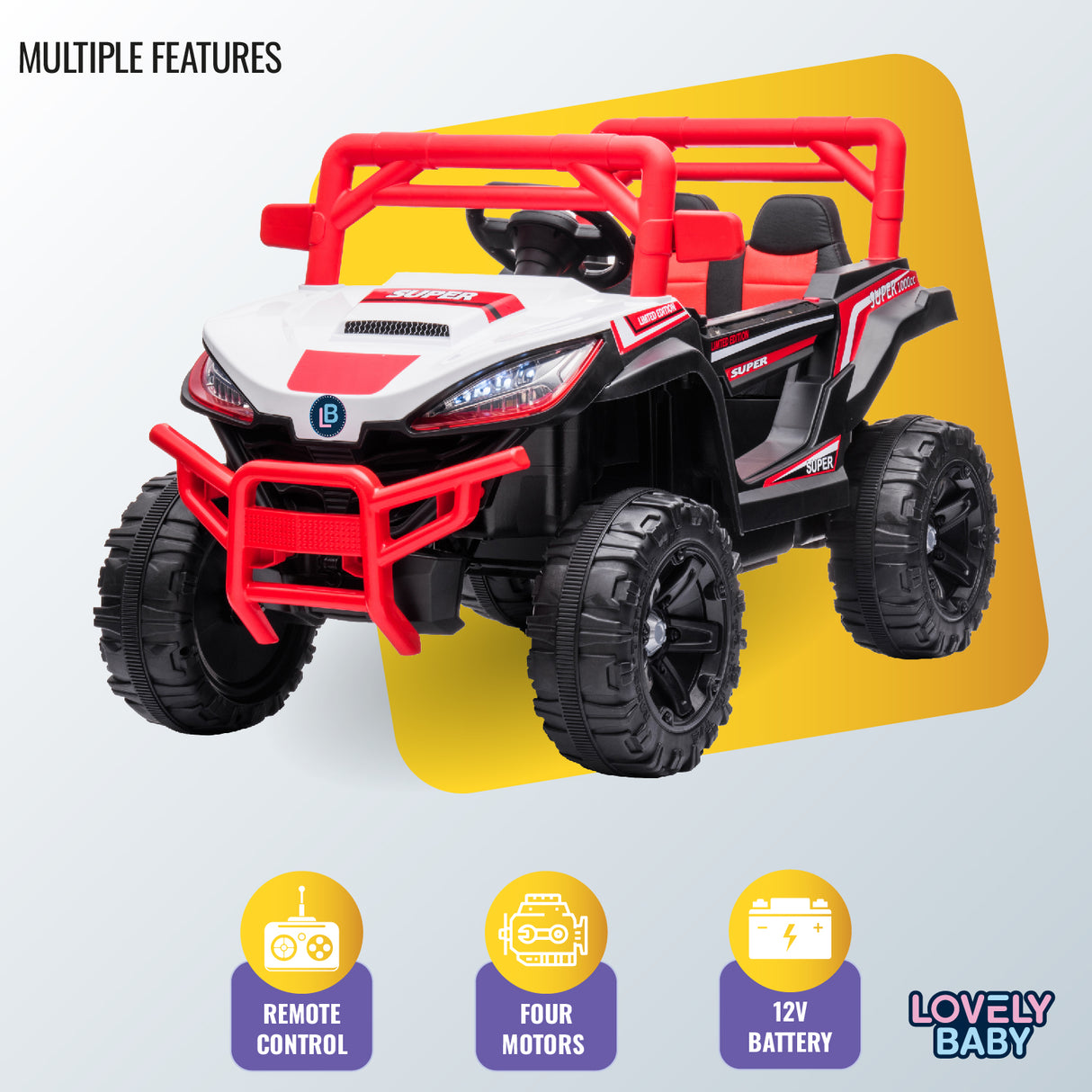 Toy off-road vehicle with red and black design on a yellow and gray background, featuring 'Lovely Baby' branding.