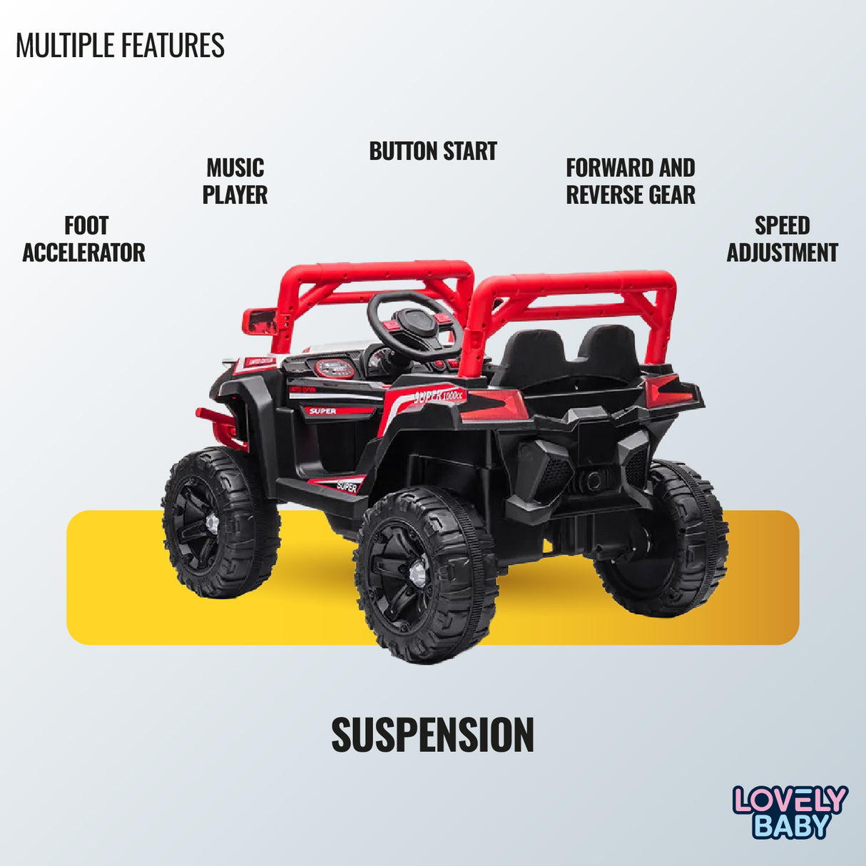 Children's toy ATV with features listed on a light gray background