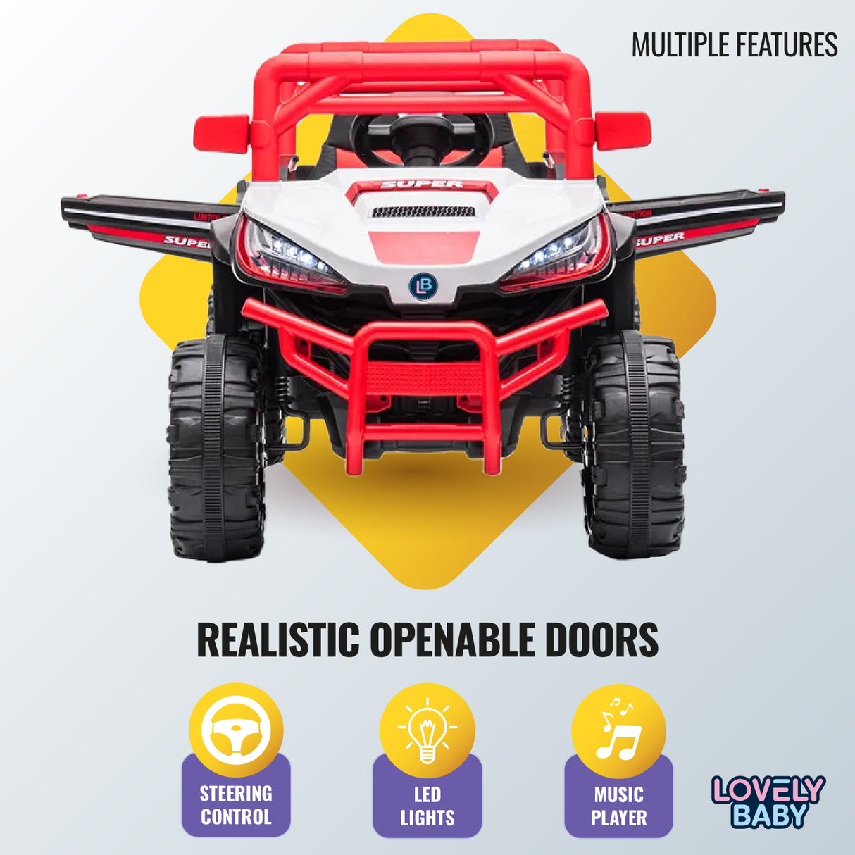Toy ATV with openable doors on a colorful background, featuring text and icons indicating features.