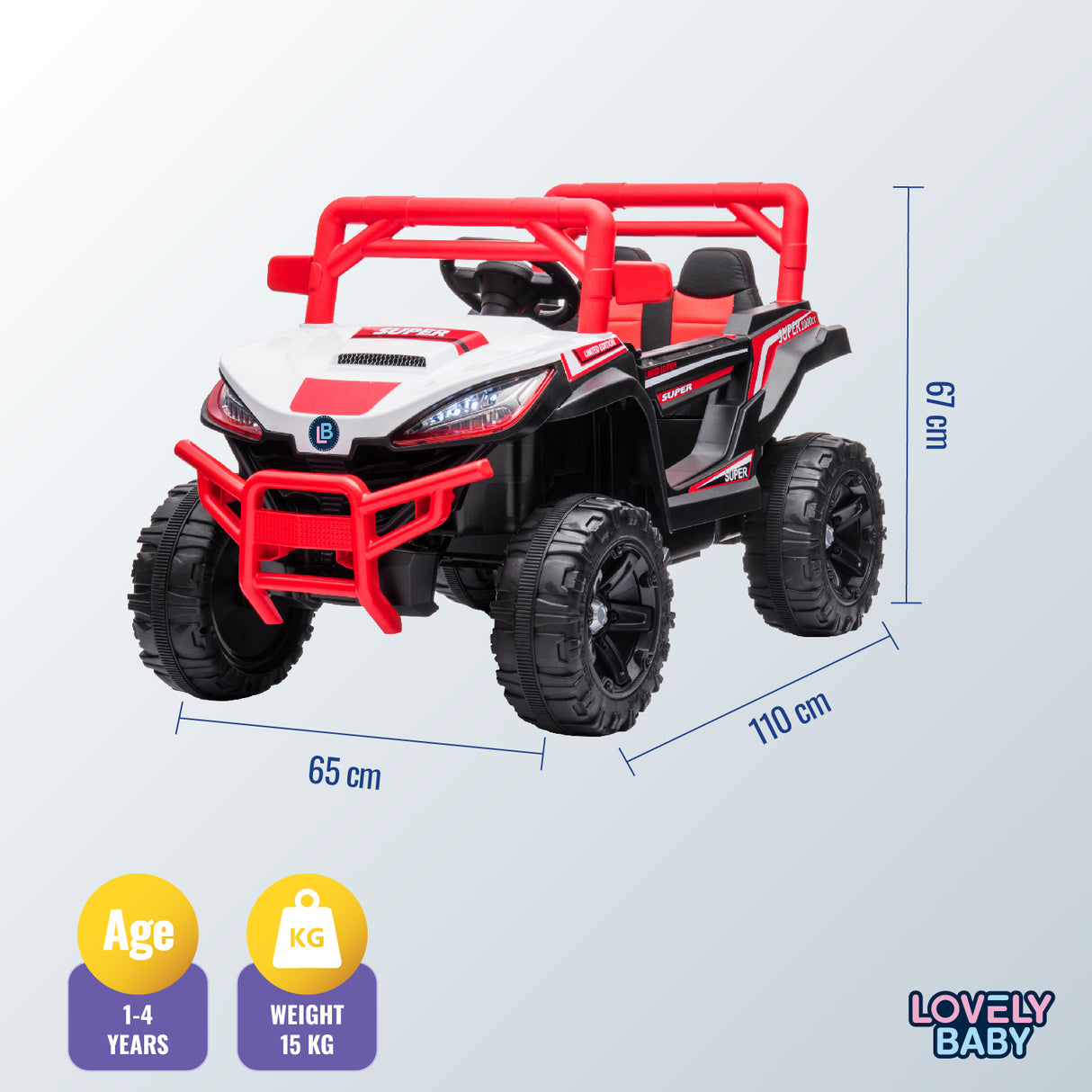 Toy vehicle with dimensions and specifications on a light gray background