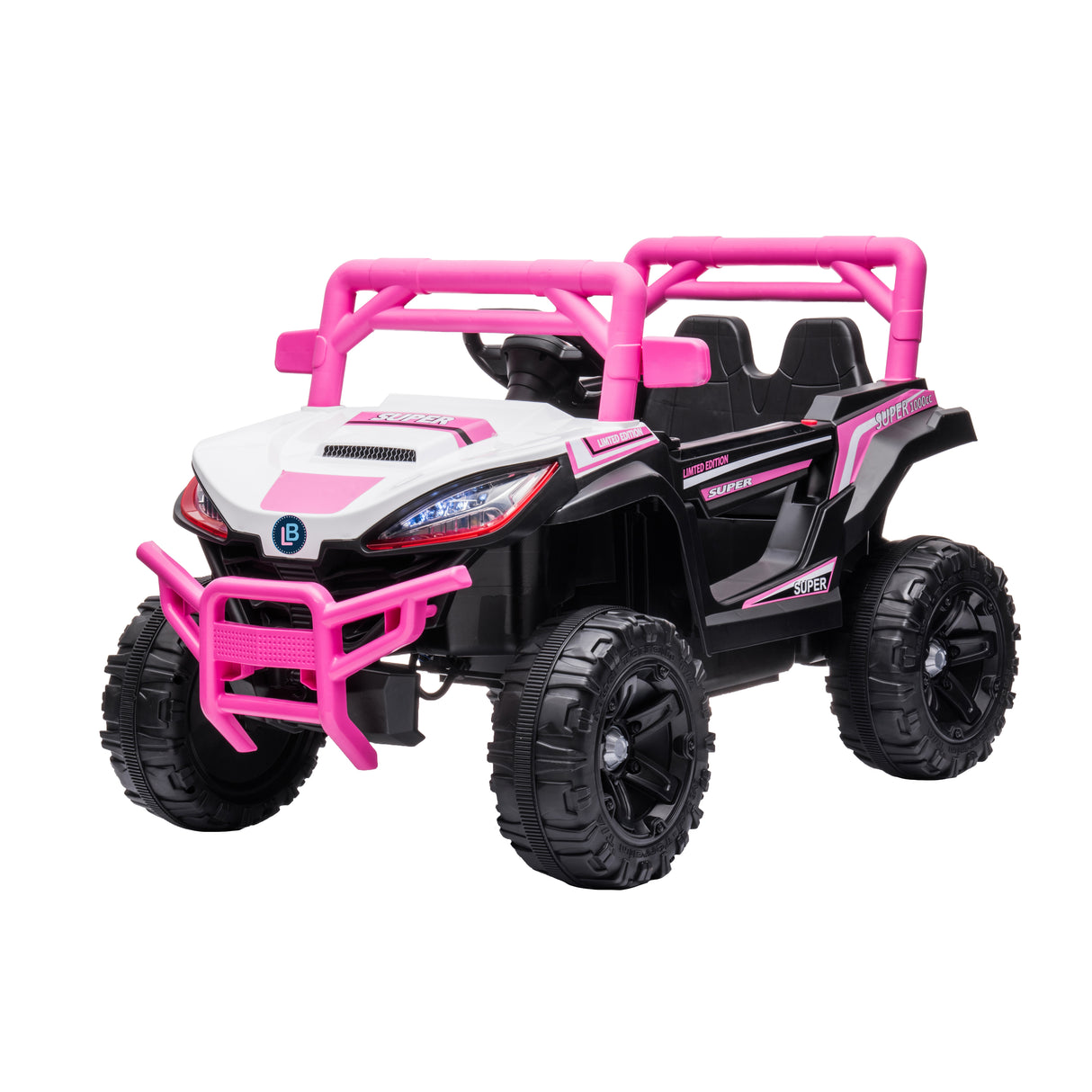 Toy off-road vehicle with pink and black design on a white background