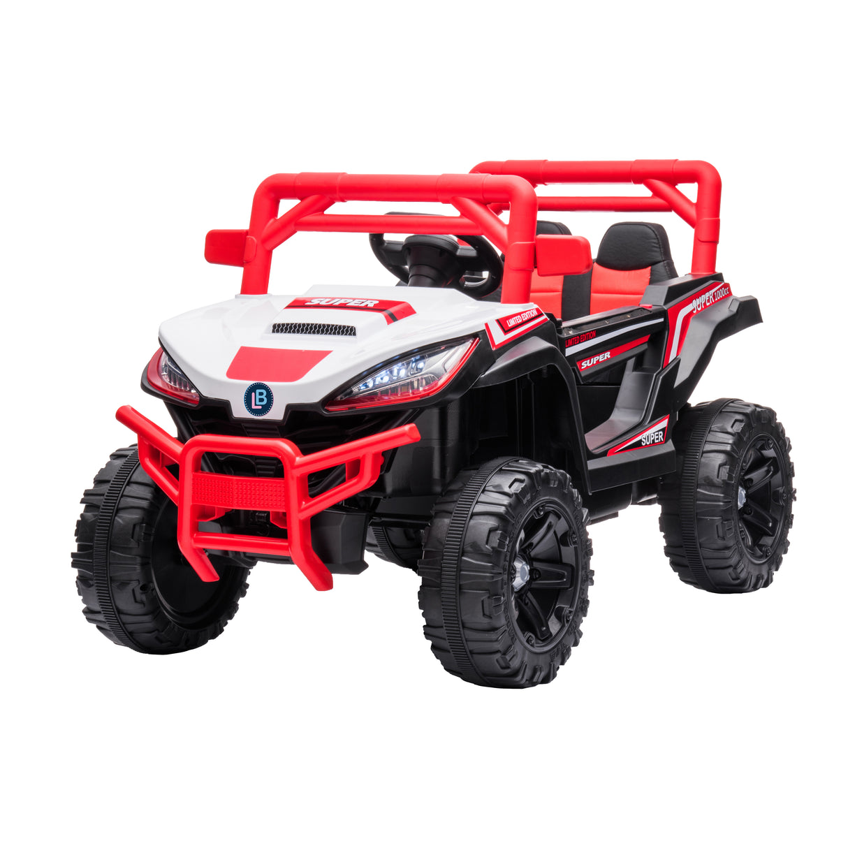 Red and black toy off-road vehicle on a white background