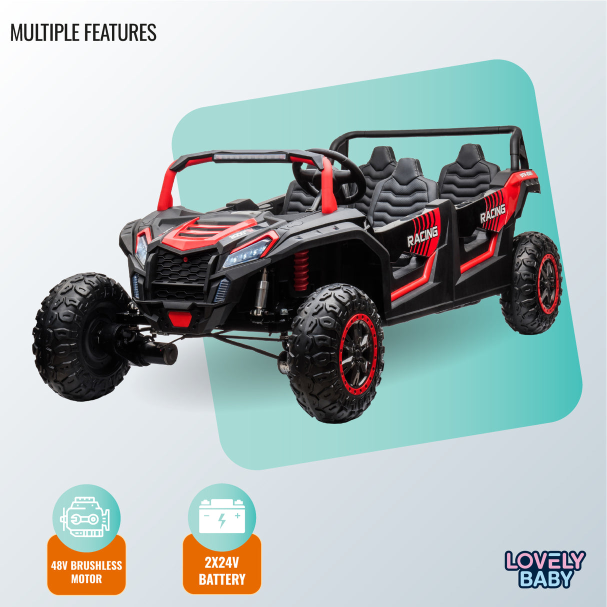 Toy off-road vehicle with features highlighted on a light blue background