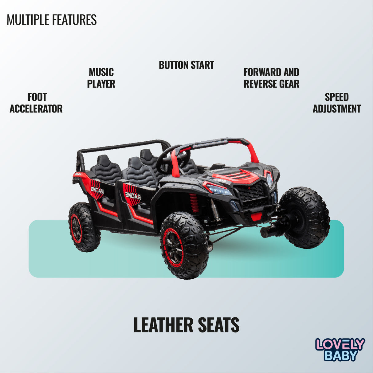 Black and red off-road vehicle with features listed on a light blue background