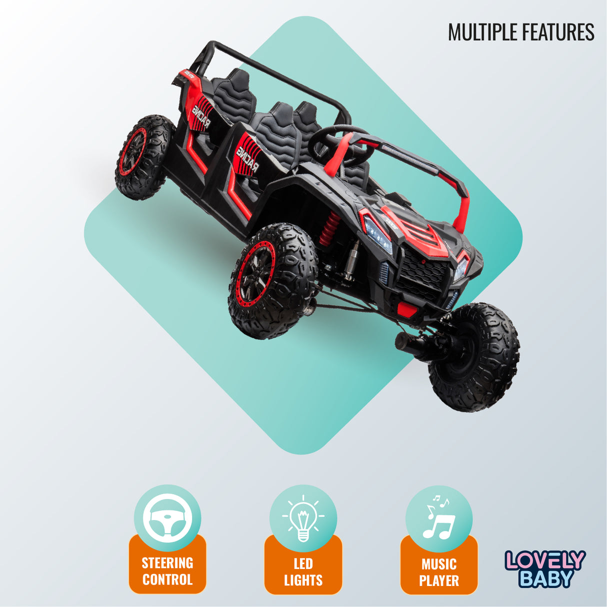 Toy off-road vehicle with features like steering control, LED lights, music player on a light blue background.