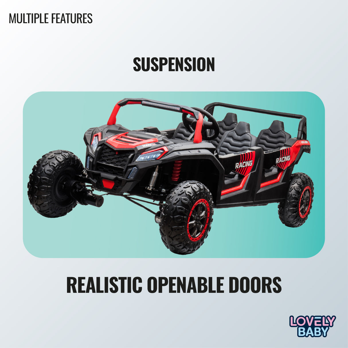 Toy off-road vehicle with openable doors on a light blue background, featuring the brand 'Lovely Baby'.