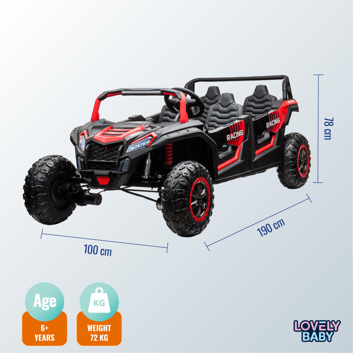 Toy off-road vehicle with dimensions and branding on a light gray background