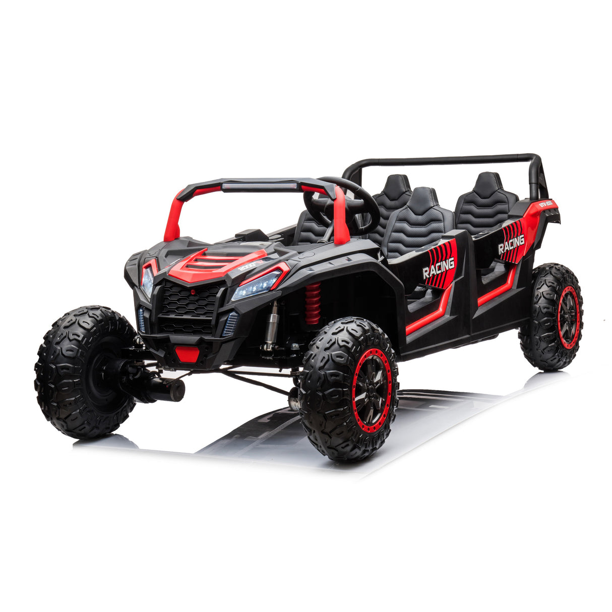 Black and red off-road vehicle with four seats on a white background