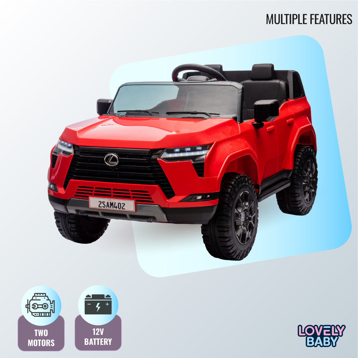 Red toy car with features highlighted on a light gray background