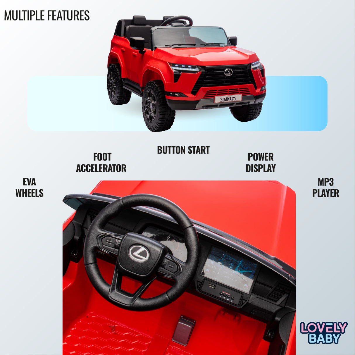 Red toy car with features listed on a light gray background