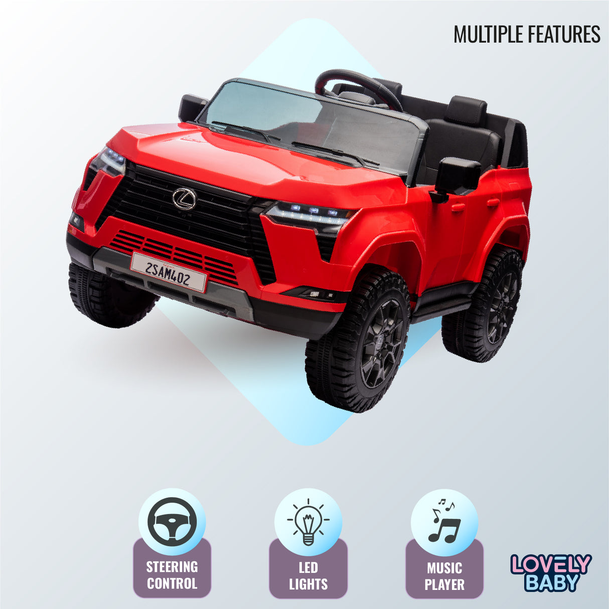 Red toy car with multiple features on a light blue background