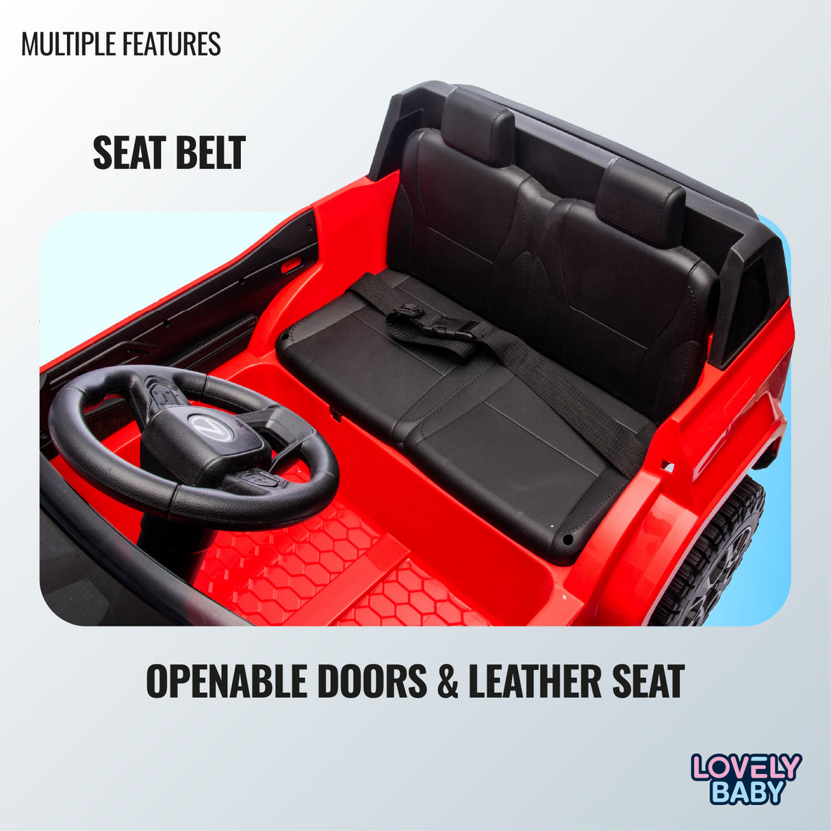 Red toy car with black leather seat, steering wheel, and openable doors on a light blue background.