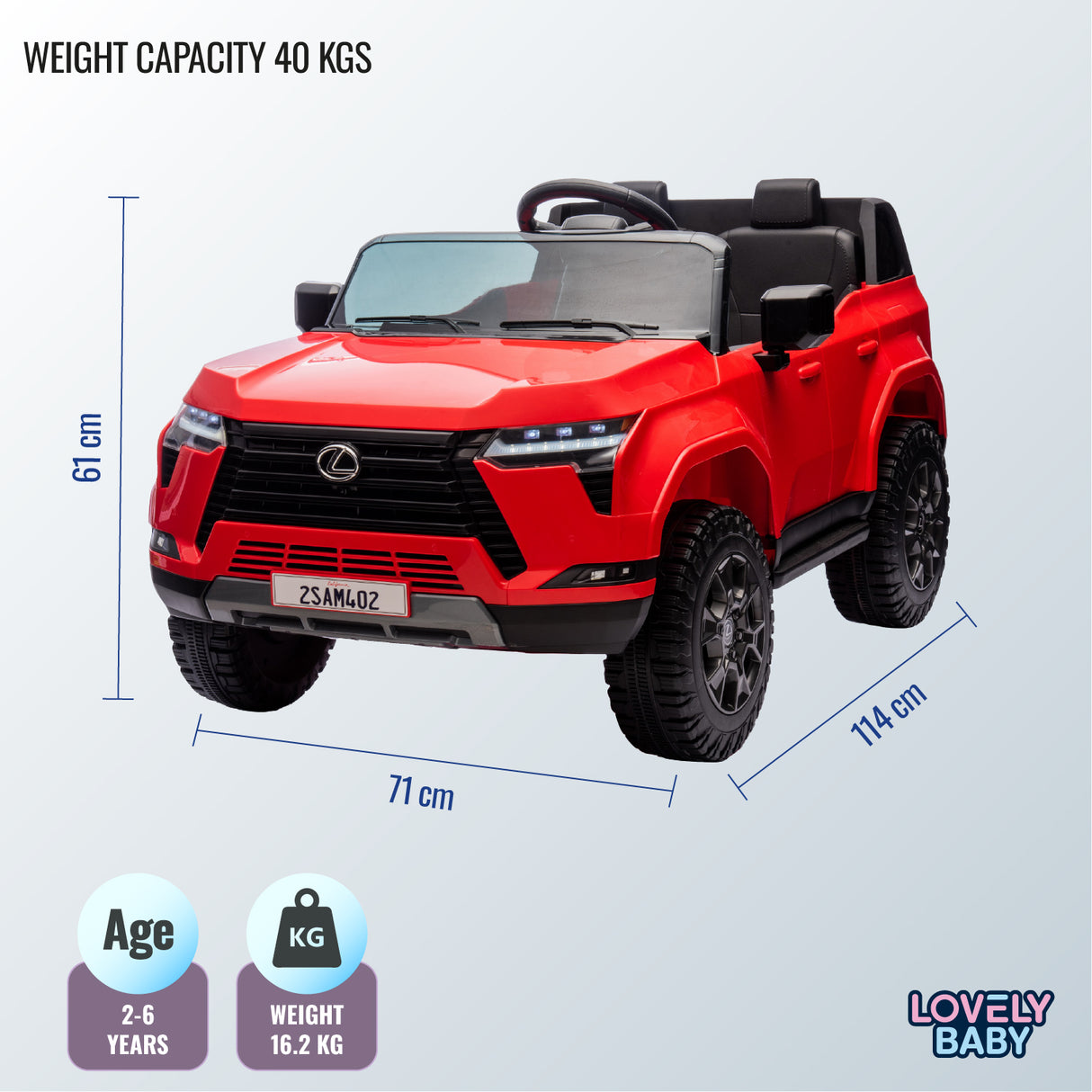 Red toy car with dimensions and weight capacity on a light blue background