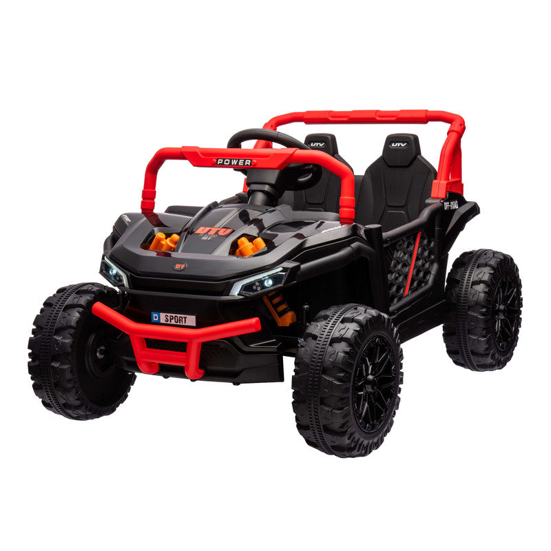 Toy off-road vehicle with red and black design on a white background