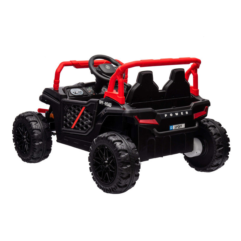 Black and red toy off-road vehicle on a white background