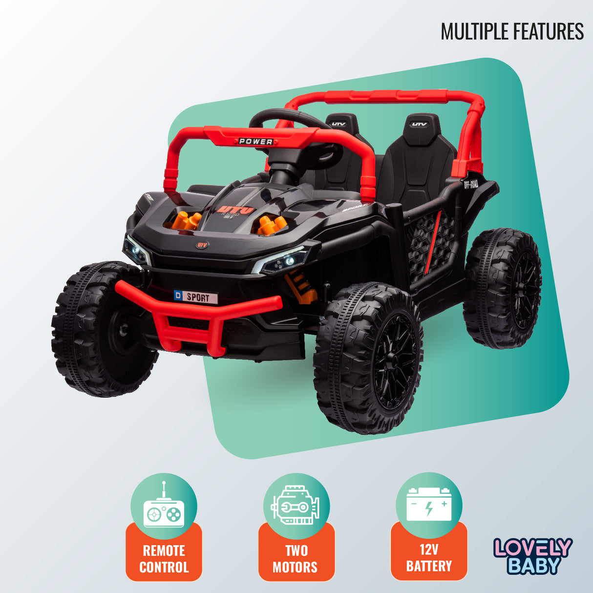Toy off-road vehicle with red and black design on a light blue background, featuring 'Lovely Baby' branding.
