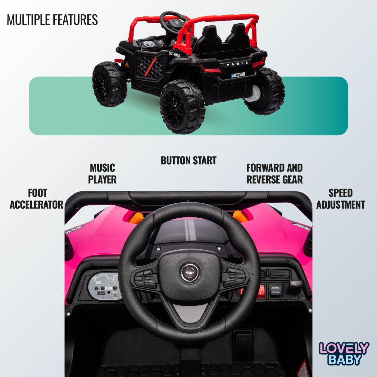 Toy vehicle with features listed below on a light gray background