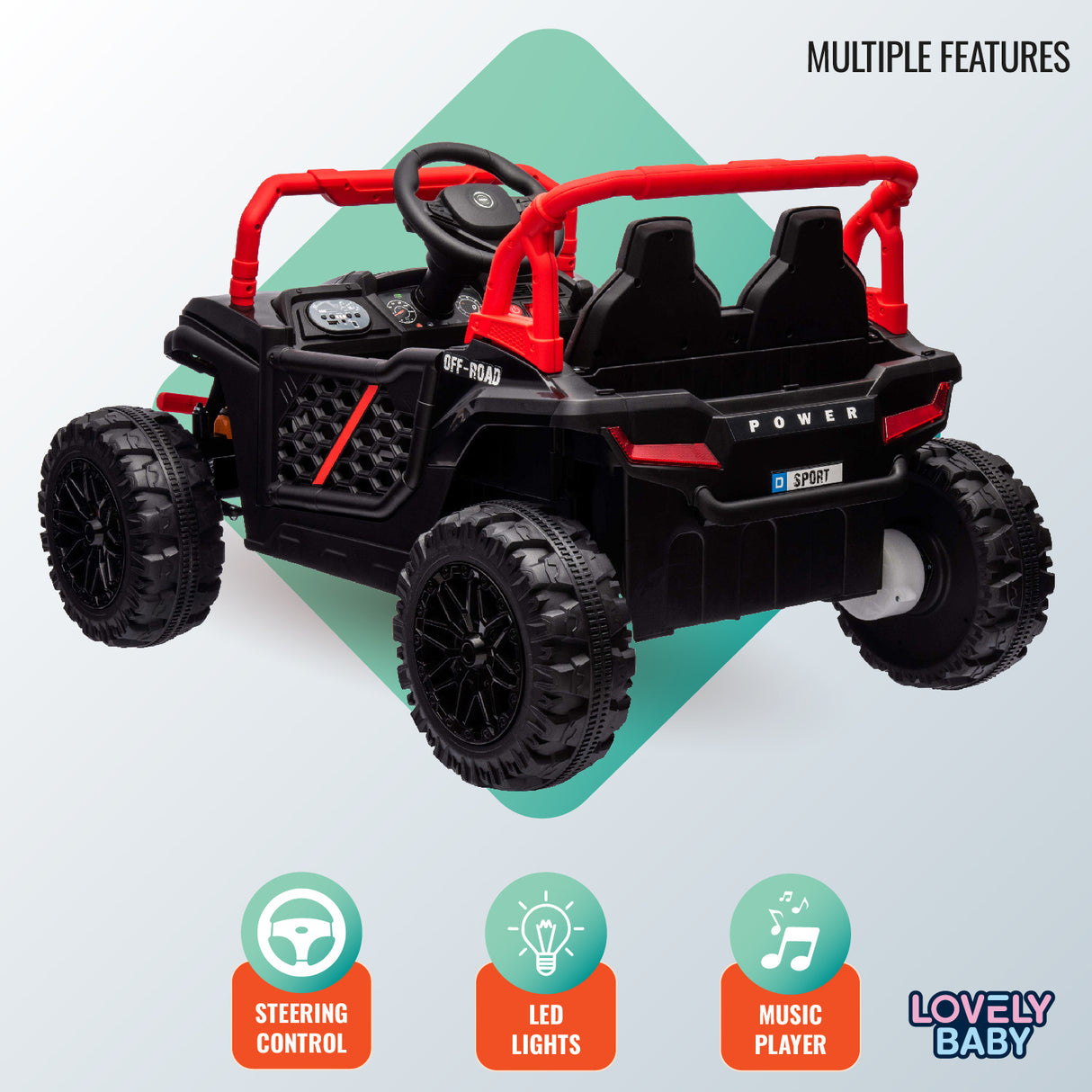 Toy off-road vehicle with red and black design on a light blue background, featuring icons for steering control, LED lights, music player, and brand name 'Lovely Baby'.