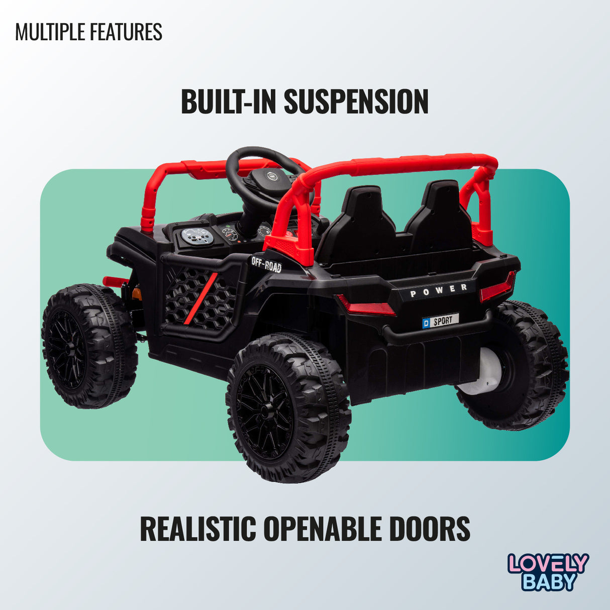 Toy vehicle with red suspension and openable doors on a light blue background, featuring 'Lovely Baby' brand.