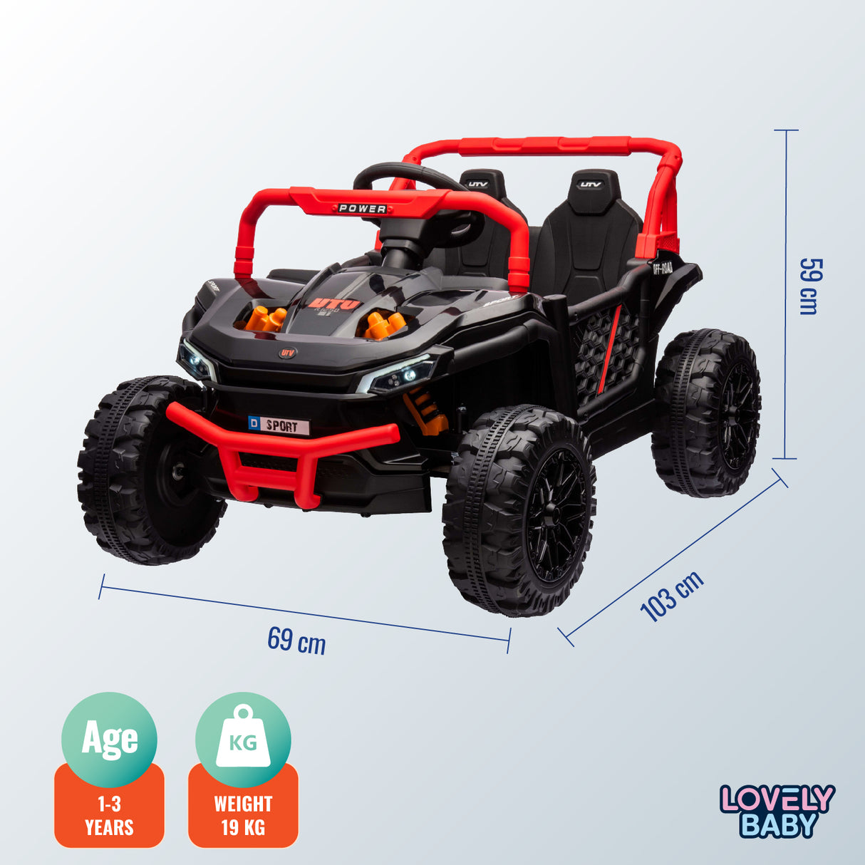 Toy off-road vehicle with dimensions and specifications on a light gray background