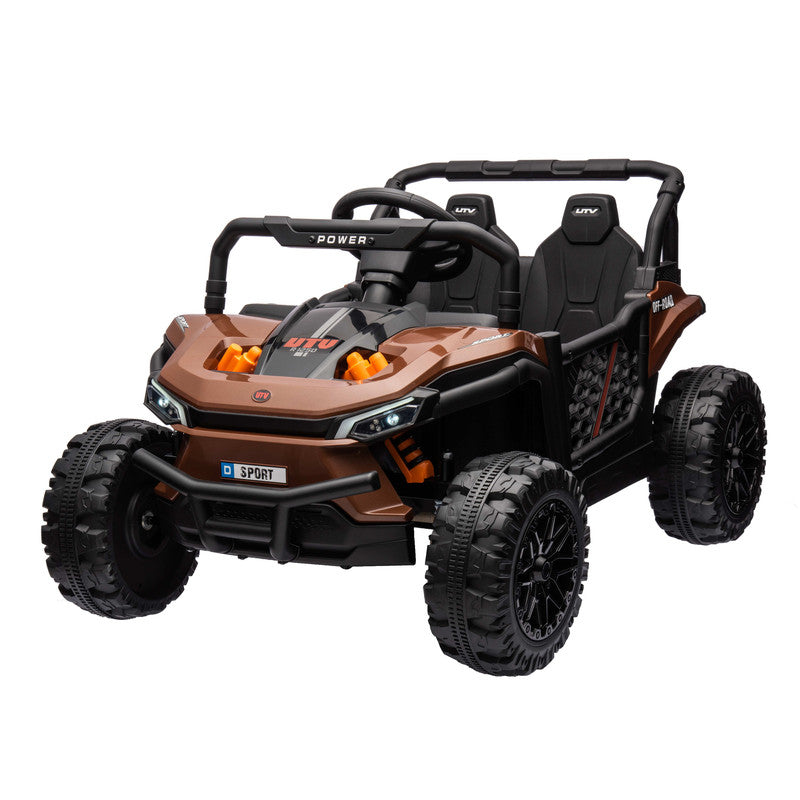 Toy off-road vehicle with brown and black design on a white background