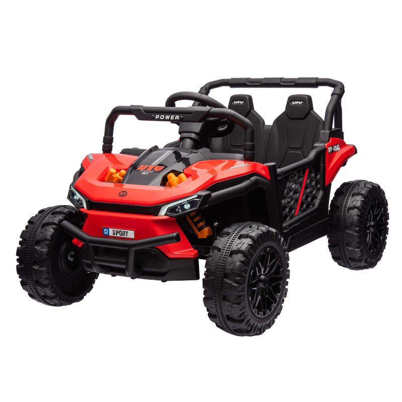 Red and black toy off-road vehicle on a white background