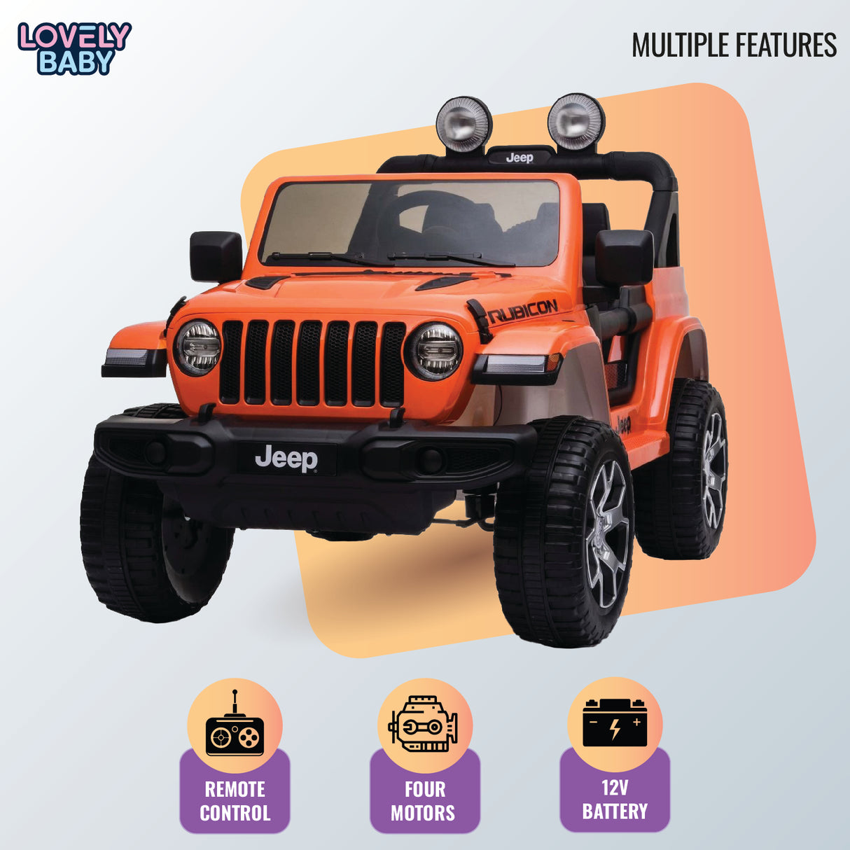 Orange toy Jeep with multiple features highlighted on a light blue background