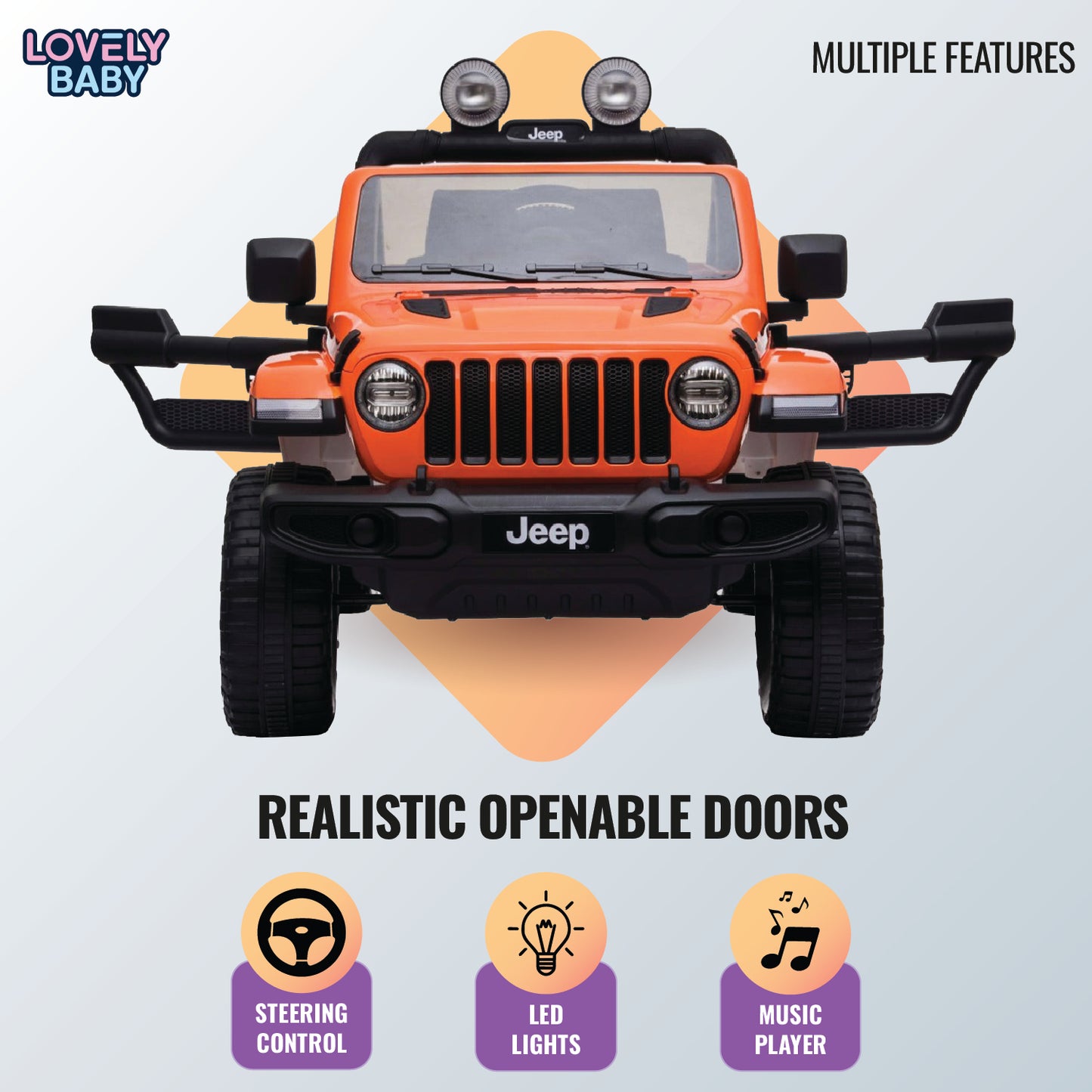 Toy Jeep with openable doors on a light blue background, featuring the brand 'Lovely Baby'.