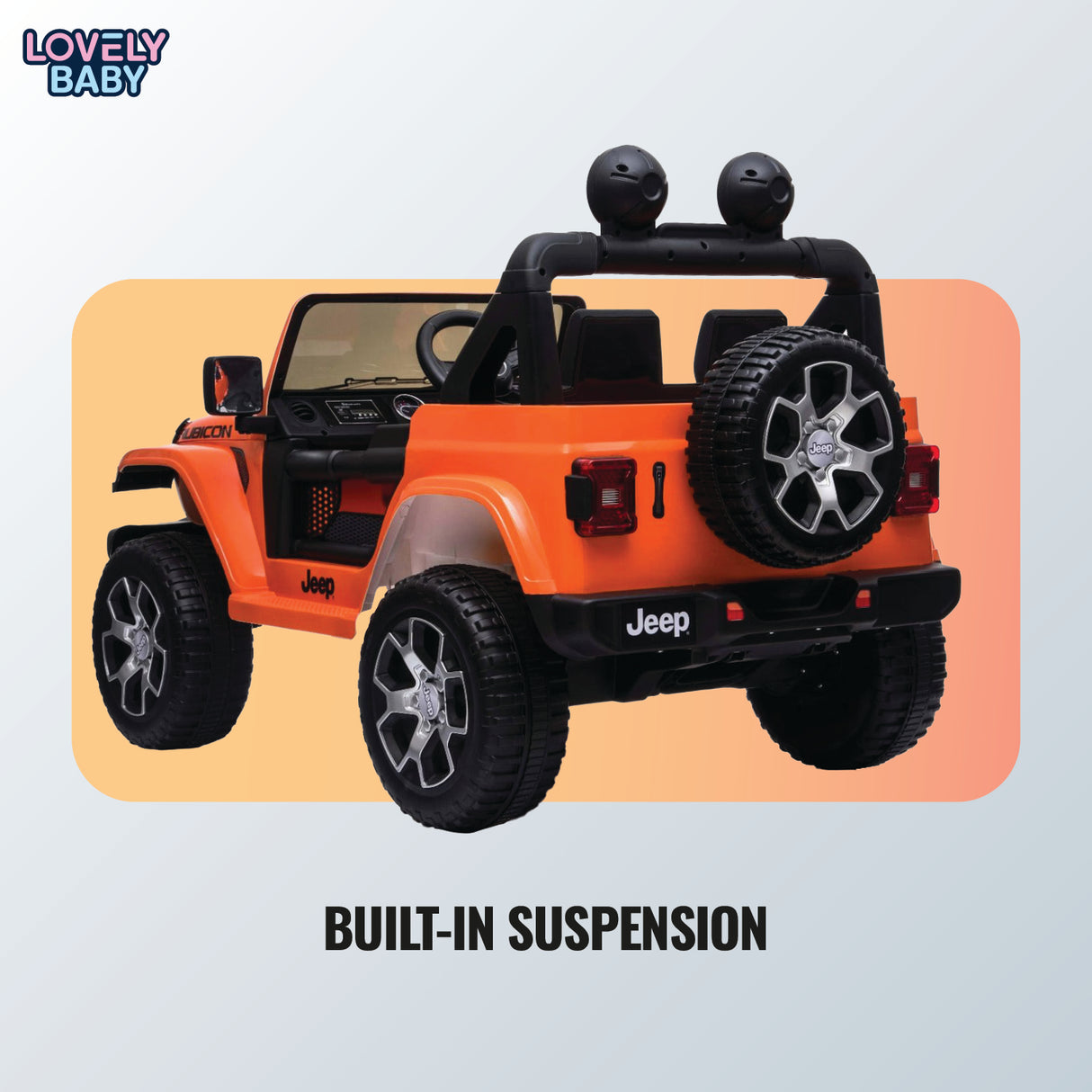 Orange toy Jeep with built-in suspension on a colorful background, featuring the 'Lovely Baby' brand.