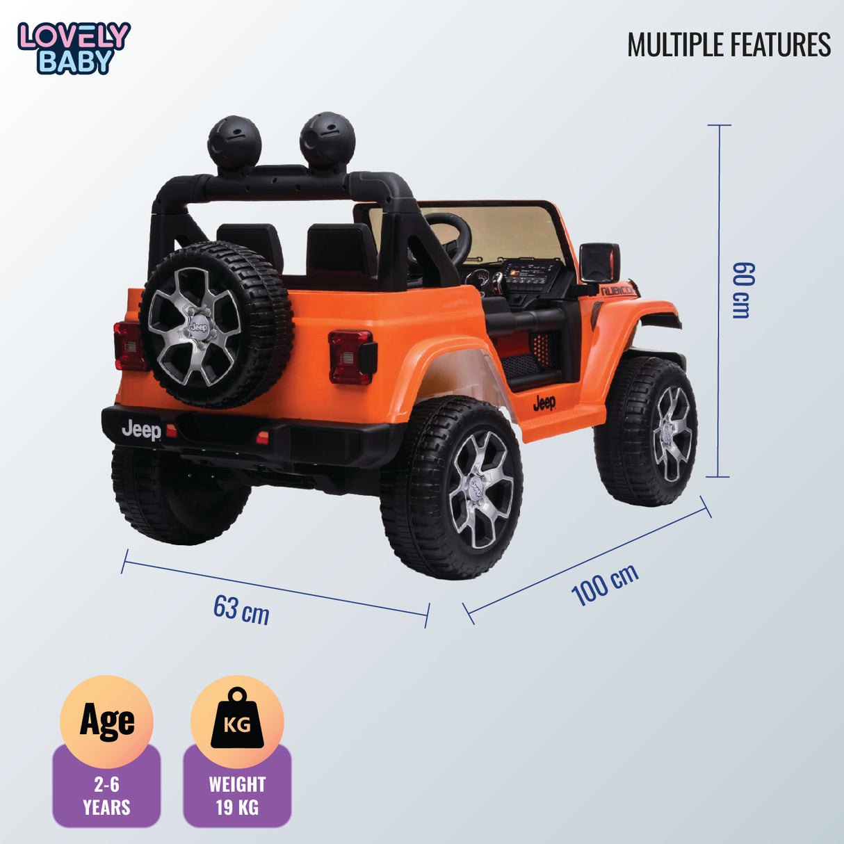 Orange toy Jeep with dimensions and features on a light blue background