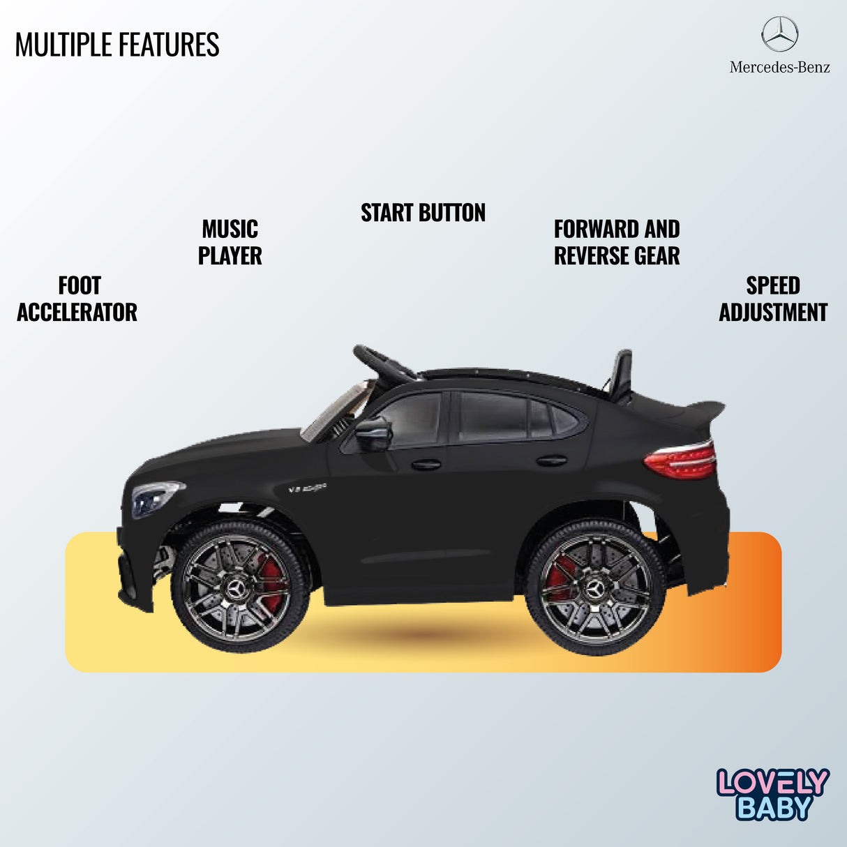 Black toy car with features listed on a light blue background, featuring Mercedes-Benz logo.