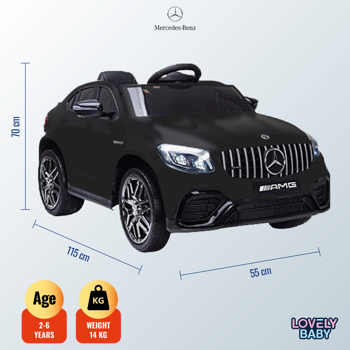 Black toy car with Mercedes-Benz logo and dimensions on a light gray background