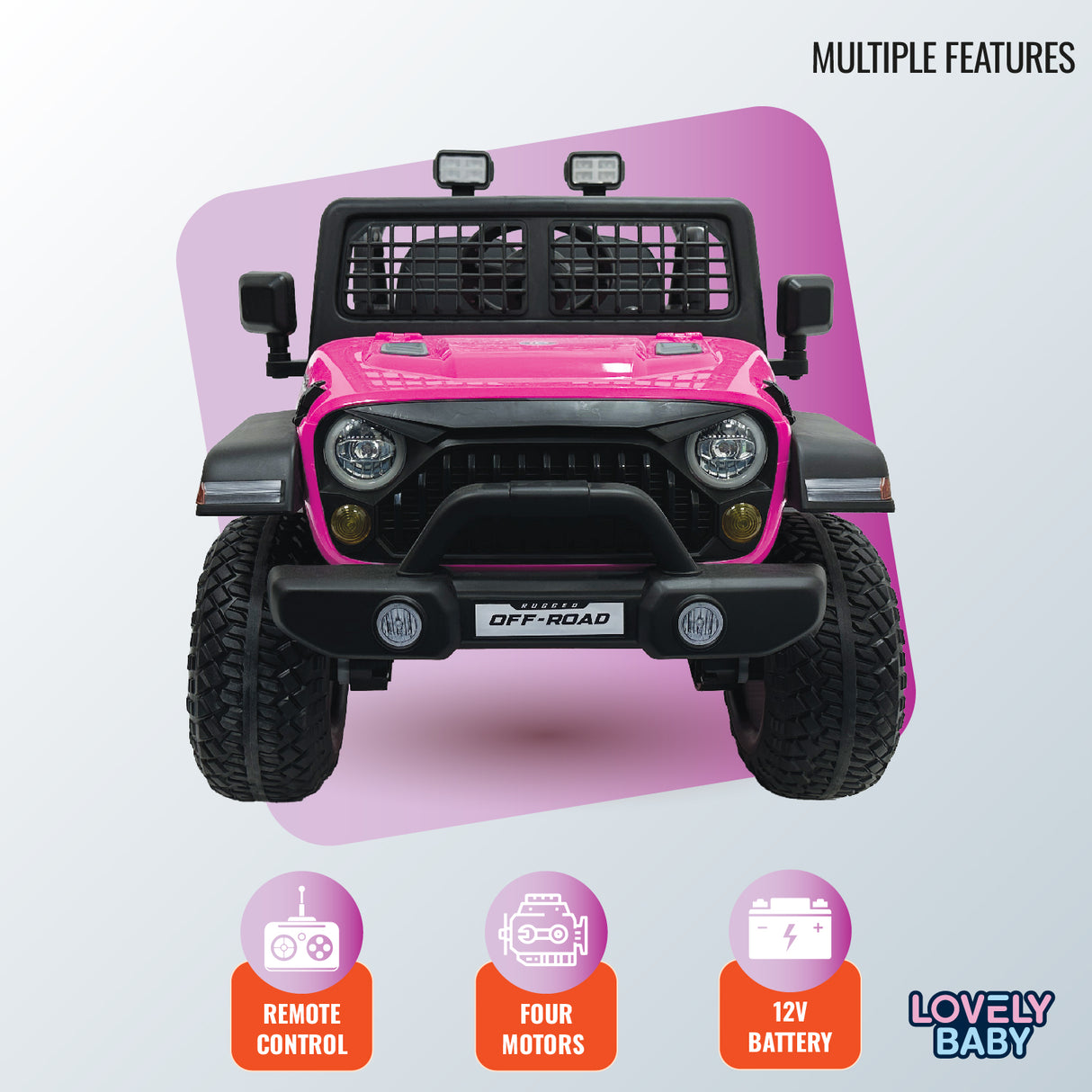 Pink toy jeep with features listed on a light purple background