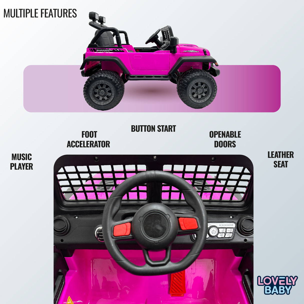 Pink toy car with features listed on a light gray background