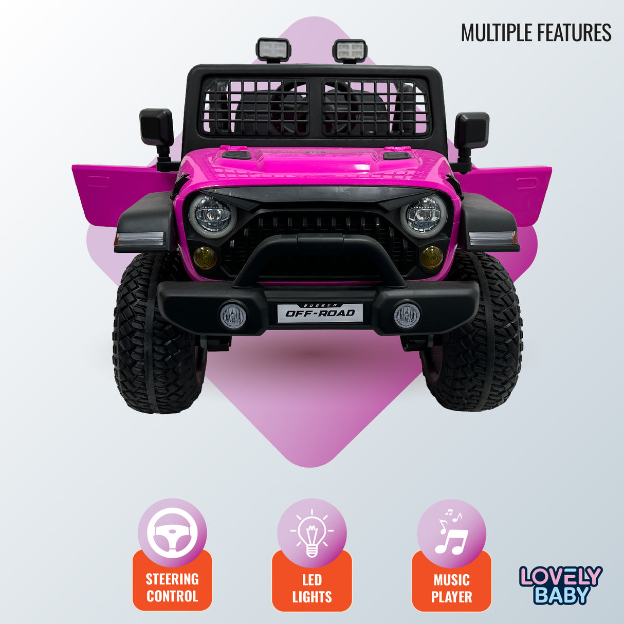 Pink toy off-road vehicle with features listed on a light purple background
