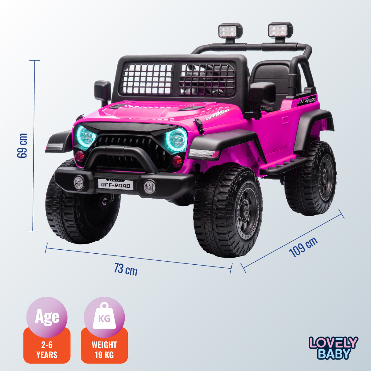 Pink toy jeep with dimensions and specifications on a light gray background