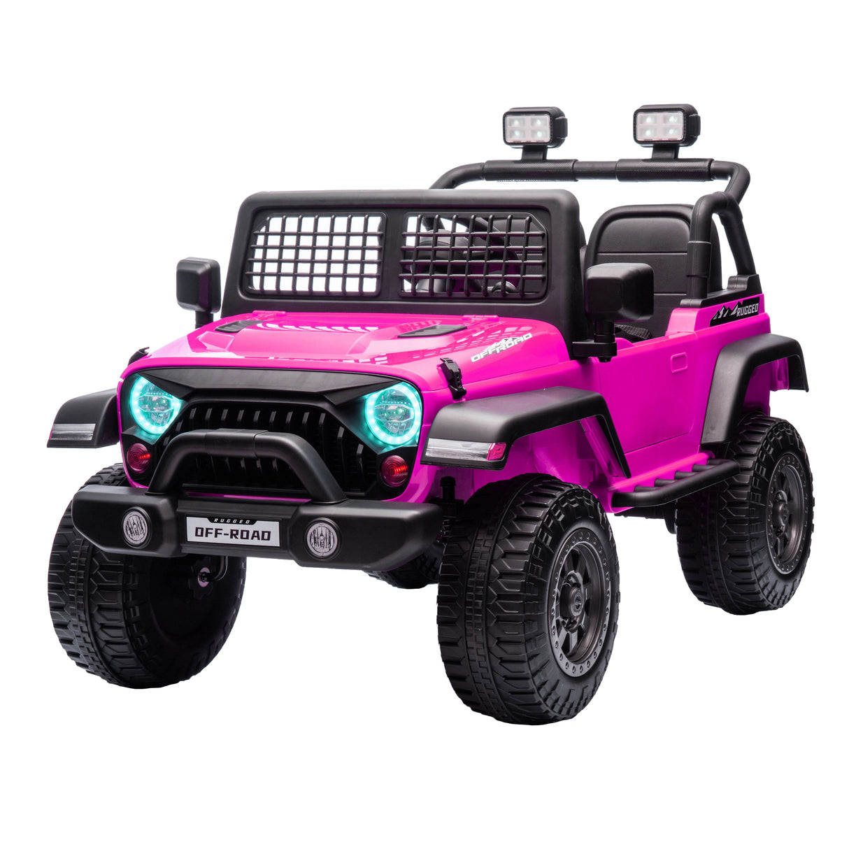 Pink toy jeep with black accents on a white background
