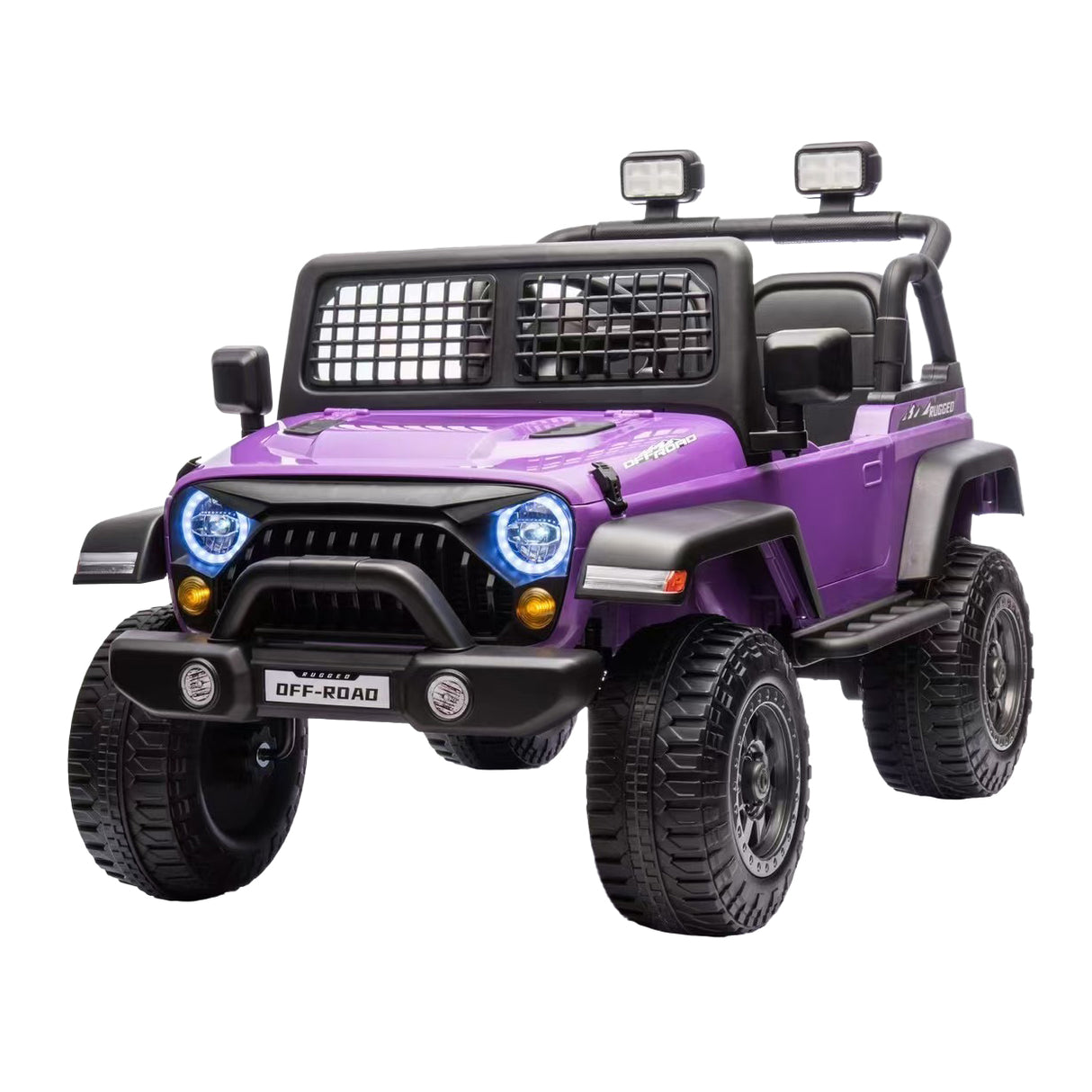 Purple toy jeep with black accents on a white background