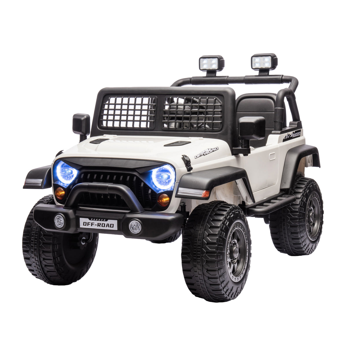 White toy off-road vehicle with black details on a white background