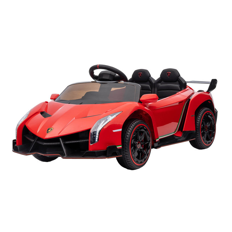 Red lamborghini toy car with black details on a white background