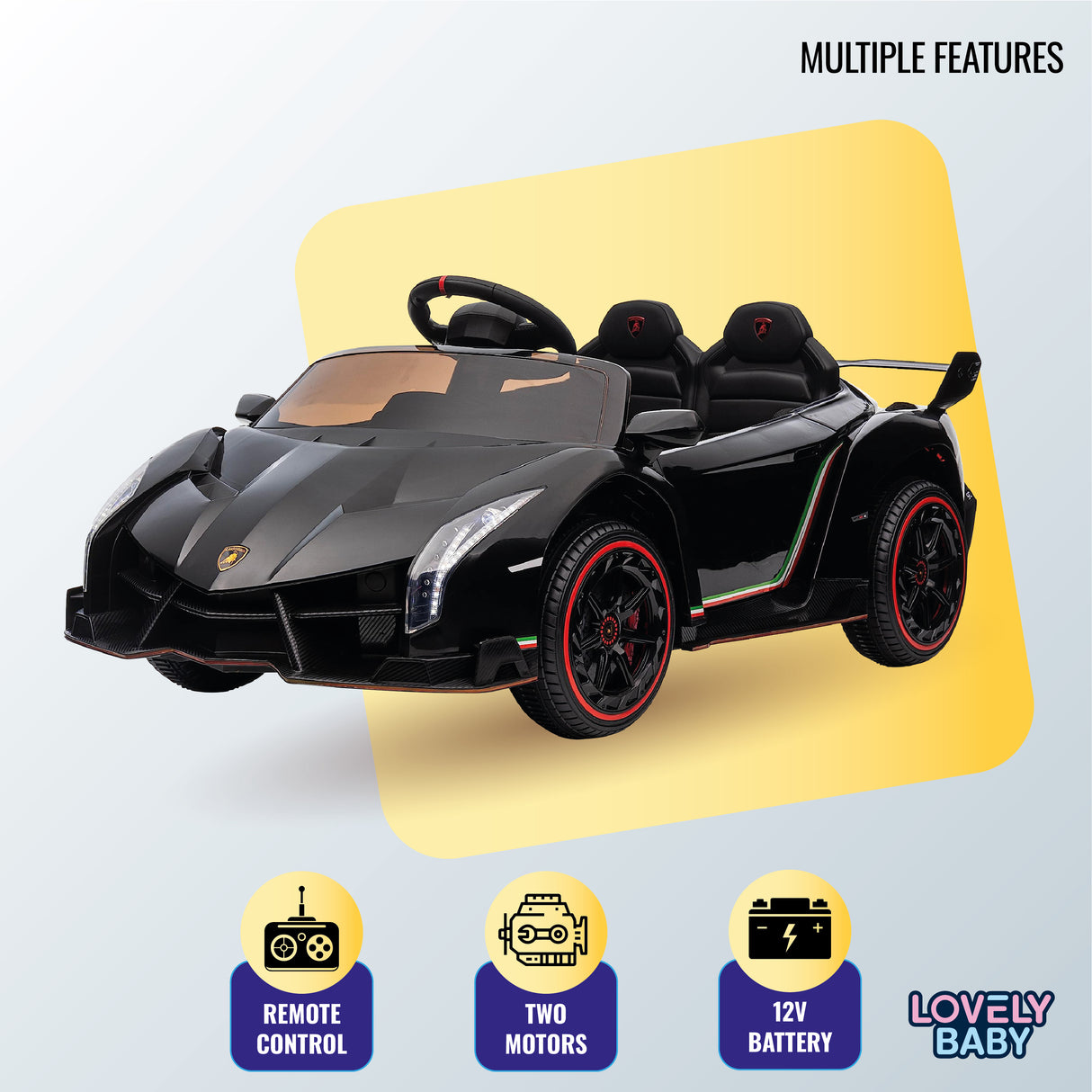 Black toy car with red accents on a yellow and light blue background, featuring 'Lovely Baby' branding.