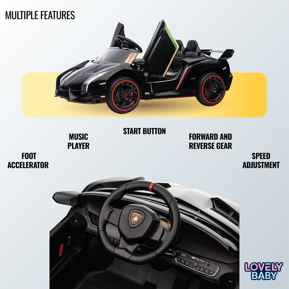 Toy car with features highlighted on a light blue background