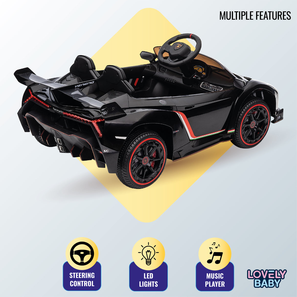 Black toy car with steering wheel on a light gray background, featuring multiple features.