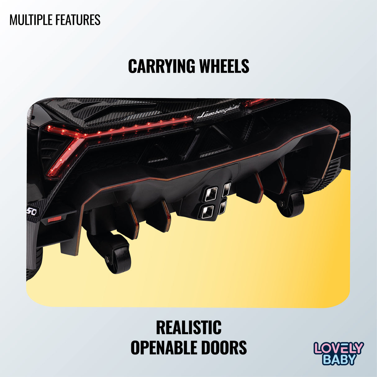 Black toy car with carrying wheels and openable doors on a gradient background