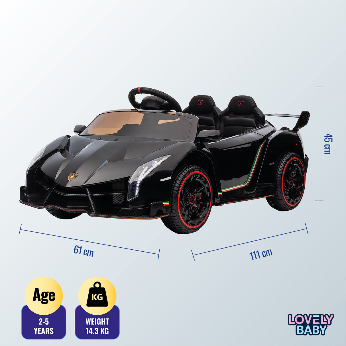 Black toy car with dimensions and specifications on a light blue background