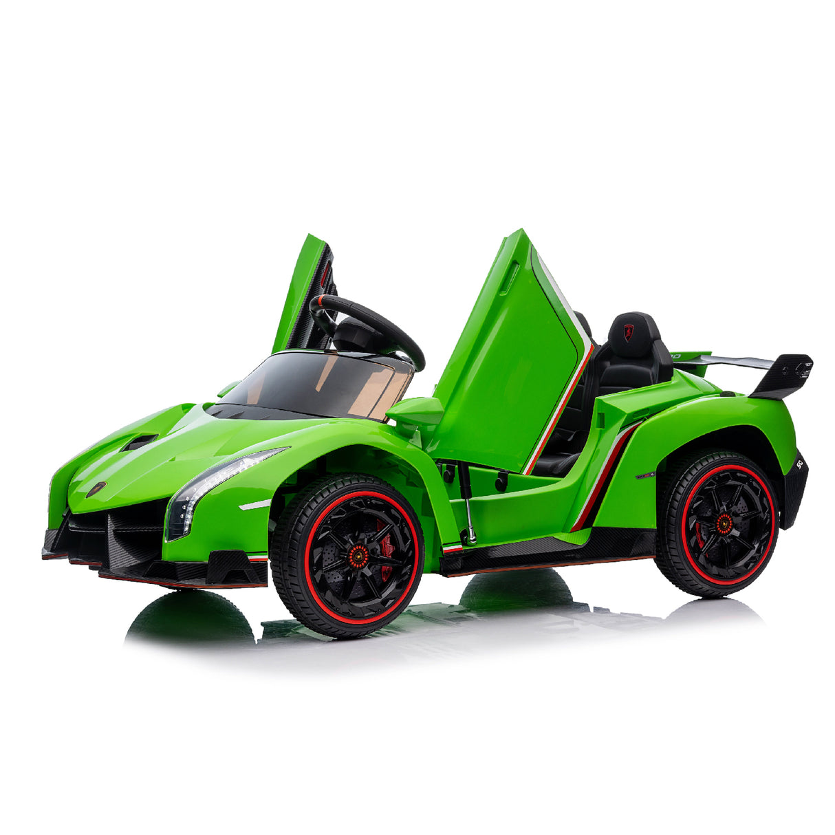 Green lamborghini toy car with open doors on a white background