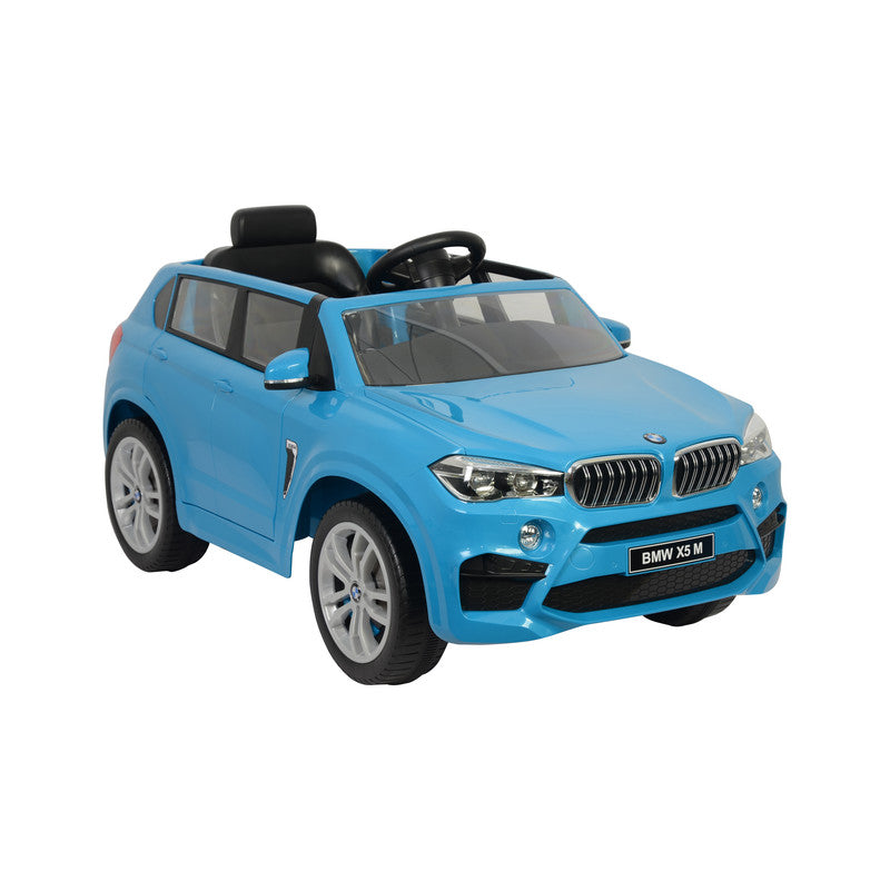 Blue toy car resembling a BMW X5 M on a white background