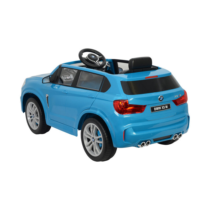 Blue toy car resembling a BMW X5 M on a white background